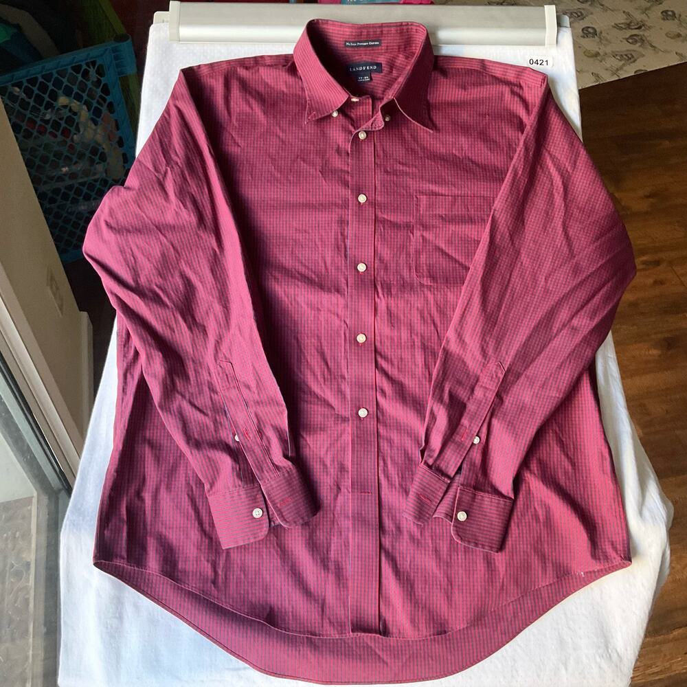 Land’s End Men’s Long Sleeve Button Down Shirt size XL (17-35), Bright Red Blue